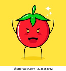 cute tomato character with happy expression, two hands up, mouth open and sparkling eyes. green, red and yellow. suitable for emoticon, logo, mascot