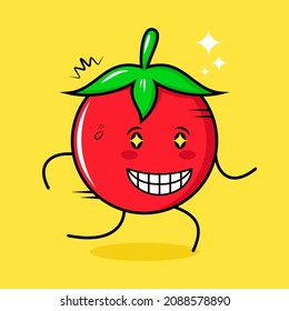 cute tomato character with happy expression, sparkling eyes, run and smiling. green, red and yellow. suitable for emoticon, logo, mascot