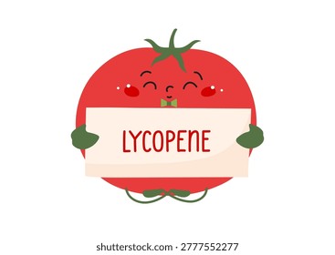 Cute tomato character holding Lycopene sign. Healthy eating, nutrition and antioxidant illustration for children. Hand drawn red vegetable mascot.