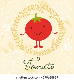 Cute tomato character illustration on a floral background with soft colors