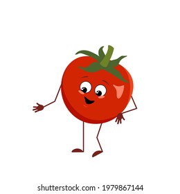 Cute tomato character with joy emotions, smiling face, happy eyes, arms and legs. A mischievous red vegetable hero with eyes. Joyful food