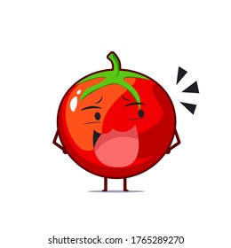 Carácter de tomate lindo burlándose de la cara aislado en fondo blanco. Ilustración de emoticono de personaje de tomate