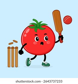A cute tomato character playing cricket with a bat and ball. The cartoon is on a light blue background, adding a whimsical touch.