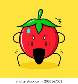 cute tomato character with shocked expression, two hands on head and mouth open. green, red and yellow. suitable for emoticon, logo, mascot