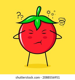 cute tomato character with thinking expression and two hands on head. green, red and yellow. suitable for emoticon, logo, mascot