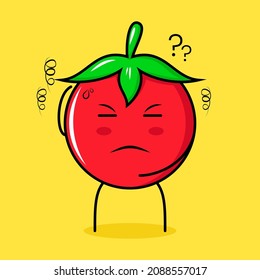 cute tomato character with thinking expression, close eyes and one hand on head. green, red and yellow. suitable for emoticon, logo, mascot
