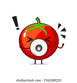 Cute tomato character using megaphone isolated on white background. Tomato character emoticon illustration