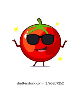 Carácter lindo de tomate con gafas de sol aisladas en fondo blanco. Ilustración de emoticono de personaje de tomate