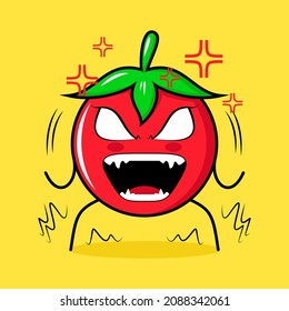 cute tomato character with very angry expression. eyes bulging and mouth wide open. green, red and yellow. suitable for emoticon, logo, mascot