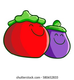 Cute tomato and eggplant smiling happily together - vector.