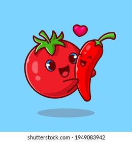 Cute Tomato Hug Chili Cartoon Vector Icon Illustration. Vegetable Nature Icon Concept Isolated Premium Vector. Flat Cartoon Style
