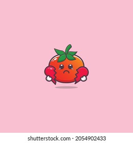 Cute tomato with hurt expression. Vector flat cartoon character illustration icon. Isolated on a white pink background.
