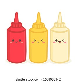 Cute Tomato Ketchup, Mustard, and Mayonnaise Bottle Set Vector Illustration Cartoon Smile