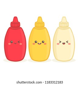 Cute Tomato Ketchup, Mustard, and Mayonnaise Bottle Set Vector Illustration Cartoon Smile