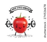 Cute tomato lifts heavy weight using barbell. Funny bodybuilder illustration. Healthy lifestyle and sport image