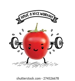 Cute tomato lifts heavy weight using barbell. Funny bodybuilder illustration. Healthy lifestyle and sport image