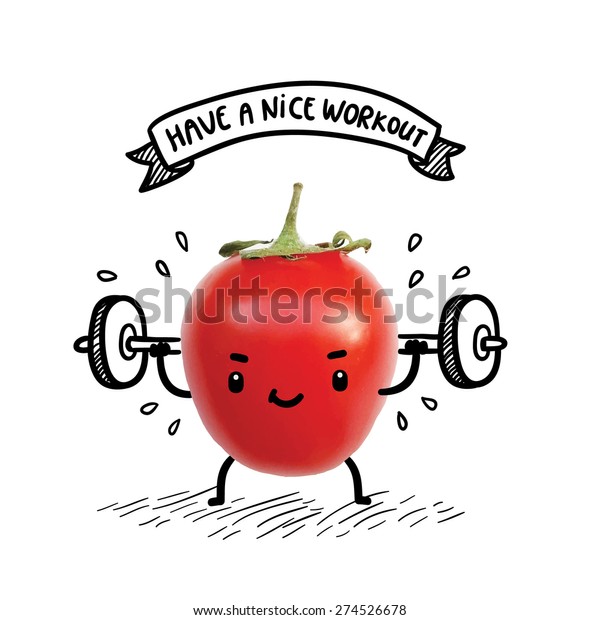 かわいいトマトはバーベルを使って重い重みを持ち上げる おかしなボディビルダーのイラスト 健康的なライフスタイルとスポーツのイメージ のベクター画像素材 ロイヤリティフリー