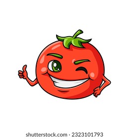 Cute Tomato mascot cartoon design with wink eye and thumb up pose. best for your food business icon.