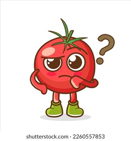 cute tomato mascot or character have question or confused. cute tomato Concept White Isolated.