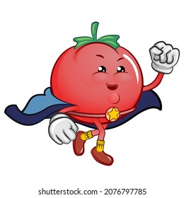 cute tomato mascot character vector becomes a strong superhero and can fly