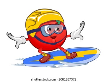 cute tomato mascot character vector surfing on snowboard