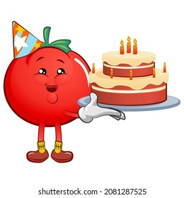 cute tomato mascot character vector celebrating with fancy tart