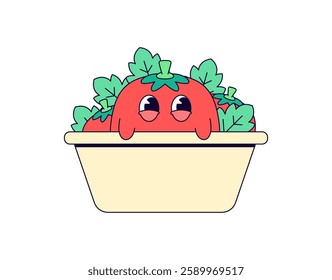 Cute tomato peeking from a bowl in cartoon vector illustration for organic food brands, healthy meal prep services