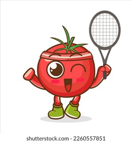 cute tomato playing badminton icon illustration vector graphic