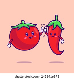 Cute Tomato And Red Chili Pepper High Five Cartoon Vector Icon Illustration. Food Nature Icon Concept Isolated Premium Vector. Flat Cartoon Style