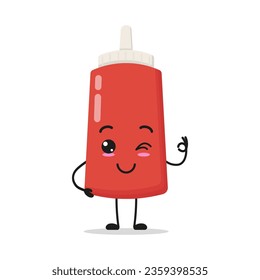 Cute tomato sauce bottle character. Funny smiling and wink food cartoon emoticon in flat style. tomato sauce bottle emoji vector illustration