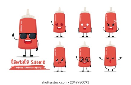  cute tomato sauce cartoon with many expressions. tomato sauce bottle different activity pose vector illustration flat design set with sunglasses.