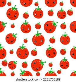 Cute tomato Seamless Pattern. Funny tomato character, seamless vegan pattern design for wallpaper, print, poster, wrapping paper, textile. Vector illustration