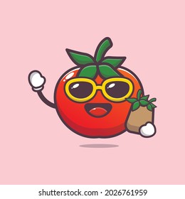 un buen tomate con bolso de compra. carácter lindo de diseño vectorial. Ilustración plana aislada de vectores para afiches, folletos, web, mascota, pegatina, logotipo e icono. 