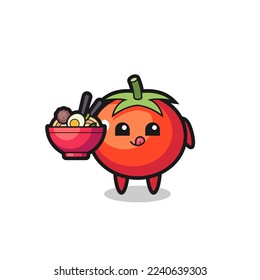 cute tomatoes character eating noodles , cute style design for t shirt, sticker, logo element
