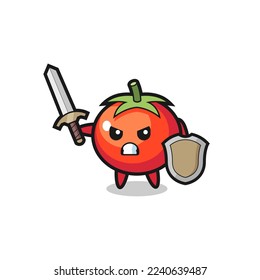 cute tomatoes soldier fighting with sword and shield , cute style design for t shirt, sticker, logo element