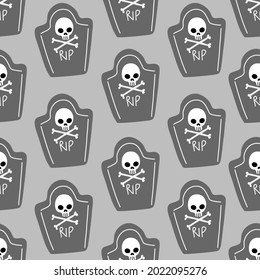 Cute tombstone with skull and crossbones seamless pattern in doodle style on light grey background for Halloween fashion print, wallpaper, gift wrapping paper etc.
