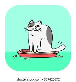 Cute Tomcat in Red Litter Box Vector Illustration on Green Background. Cartoon Funny Character Pet for Web Icon