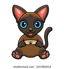 Cute Tonkinese Cat Cartoon Holding Food Bowl