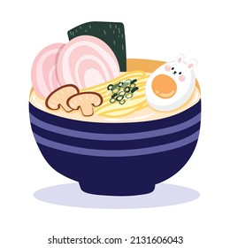 Cute tonkotsu ramen with tiny rabbit egg on white background.Japanese food.Noodle.Asian.Kawaii style.Vector.Illustration.