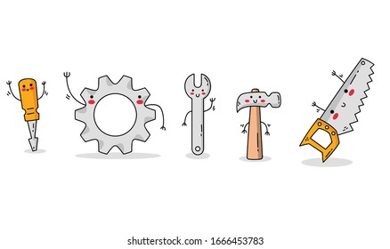 Cute Tools Character Set 1: screwdriver, gear, wrench, hammer and saw