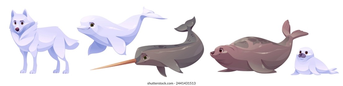 Lindo pueblo del polo norte de tierra y animales marinos. Ilustración vectorial de dibujos animados conjunto de personajes de la vida salvaje polar ártica - lobo blanco, beluga nadadora, narval, gran puerto marrón y pequeña foca de arpa bebé.