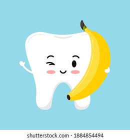 歯の健康を保つために かわいい歯とバナナフード 新鮮な果実を持つ強い白い歯 子どもの歯の衛生とクリップアートを食べる フラットデザインのカートーン 歯科文字ベクターイラスト のベクター画像素材 ロイヤリティフリー Shutterstock