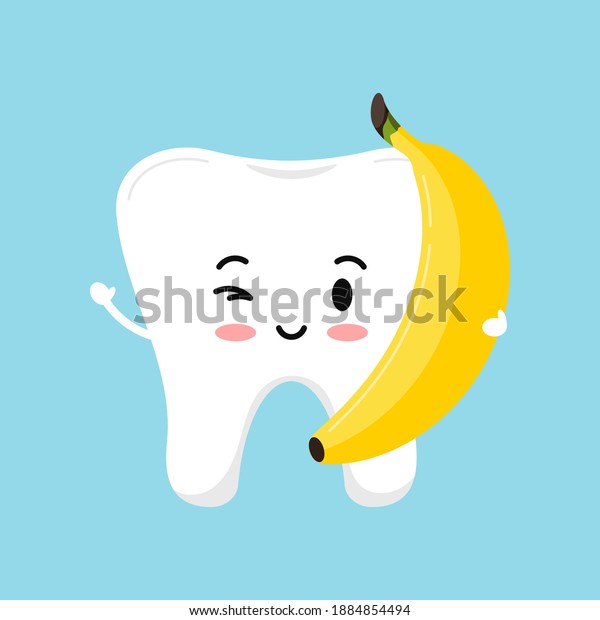 歯の健康を保つために かわいい歯とバナナフード 新鮮な果実を持つ強い白い歯 子どもの歯の衛生とクリップアートを食べる フラットデザインのカートーン 歯科文字ベクターイラスト のベクター画像素材 ロイヤリティフリー