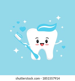 Cute tooth boy in love with blue toothbrush with paste hearts and sparkles. Flat design cartoon sweet smiling character vector illustration. Happy love tooth hold brush. Children teeth hygiene concept