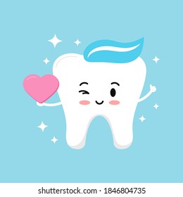 Cute tooth boy with pink heart in hand and sparkles. Flat design cartoon smiling dentat character in love vector illustration. Happy Valentines Day concept - love tooth hold heart and winks.