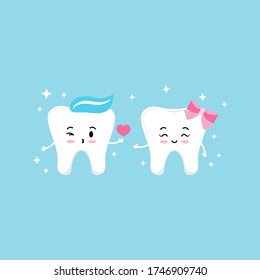 Cute tooth boy send kiss with heart for girl emoji.  Tooth love, World kiss day or Happy Valentines day concept. Flat design cartoon kawaii style dental teeth character vector illustration.