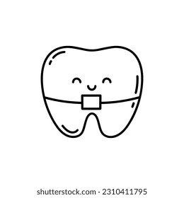 Cute tooth with brace. Doodle dental mascot for kids orthodontic clinic. Tooth with bracket. Orthodontics tooth or dental braces - tooth linear vector style.