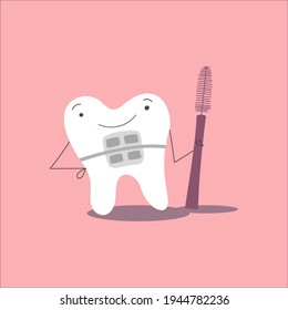 Cute tooth with brace holding a interdental brush