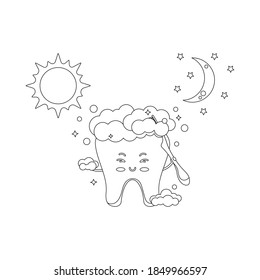 Cute tooth brushing with toothbrush twice a day dentist coloring page. Line art coloring book for kids happy dental character with sun moon vector illustration. Children teeth hygiene. Editable stroke