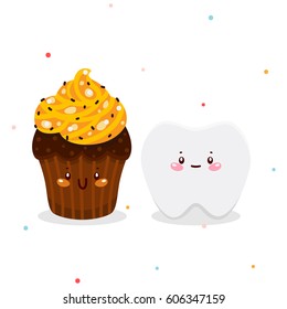 Cute tooth and cake, best friends for caries, cartoon characters, oral dental hygiene, set, collection, vector.